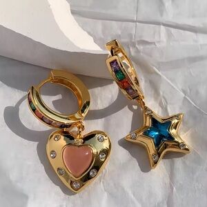 Gold Rainbow Charm Earrings –Heart & Star Drop, Colorful Crystal Statement Hoops